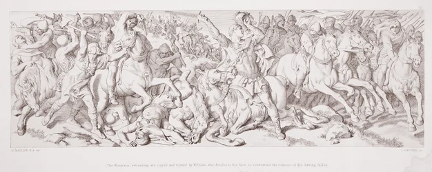 Die Normannen ziehen sich zurück, werden von Wilhelm aufgehalten und umgedreht, der sein Gesicht enthüllt, um das Gerücht seines Todes zu widerlegen, aus 
